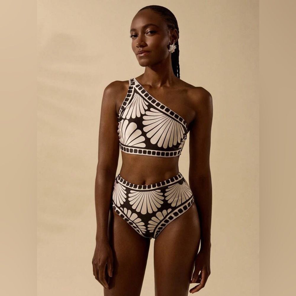 NWOT SHEIN Women's Boho Black & Apricot Shell Print Beach Swimwear 2 Pieces Set - Picture 3 of 11